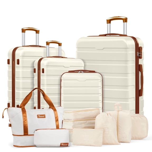 13 Piece Luggage Sets, 16/20/24/28 inch Hardside Lightweight Suitcase with 7PCS Packing Cubes, With Expandable Duffle Bag (White Tan)