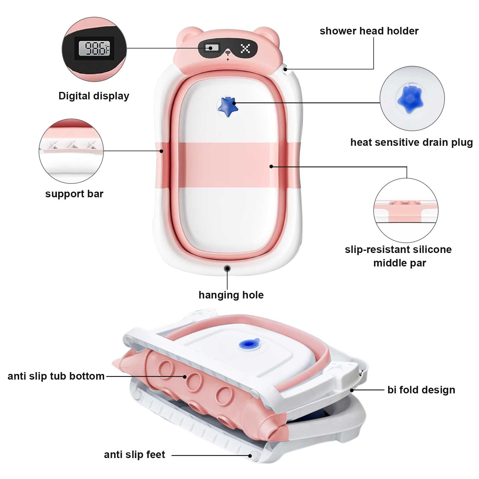 stusgo Collapsible Baby Bathtub, Plastic Baby Bath Tub with Soft Cushion & Thermometer（Pink）