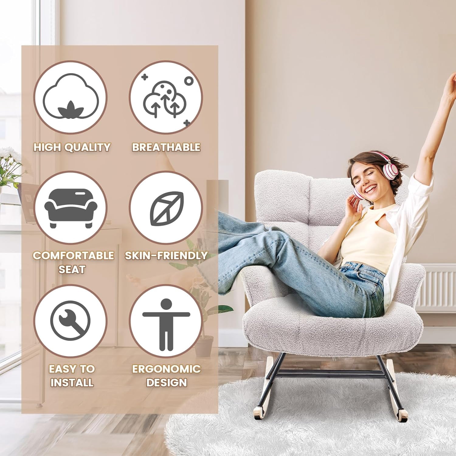 SAETSFEG Nursery Rocking Chair Teddy, High Backrest, Comfortable Stylish with Padded Seat for Living Rooms, Bedrooms, Offices, Grey