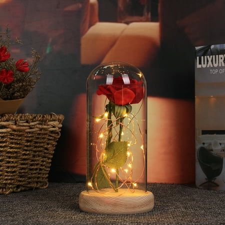 Valentine's Day Beauty And Enchanted Preserved Fresh Red Rose The Beast Glass Cover + LED Light Unique Gifts, Log