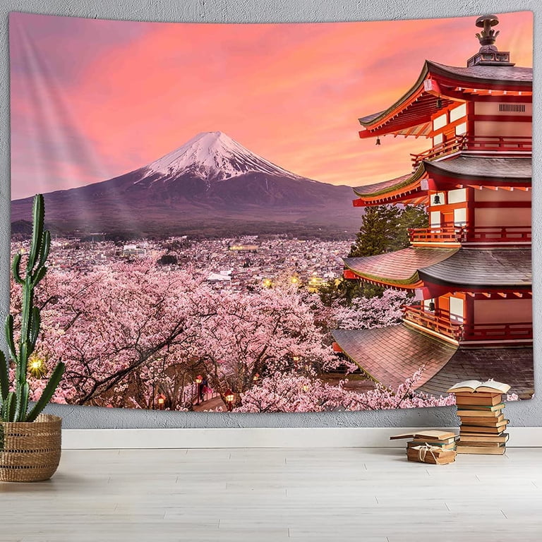 Asian Japanese Tapestry Wall Hanging Japan Pagoda Mountain Fuji