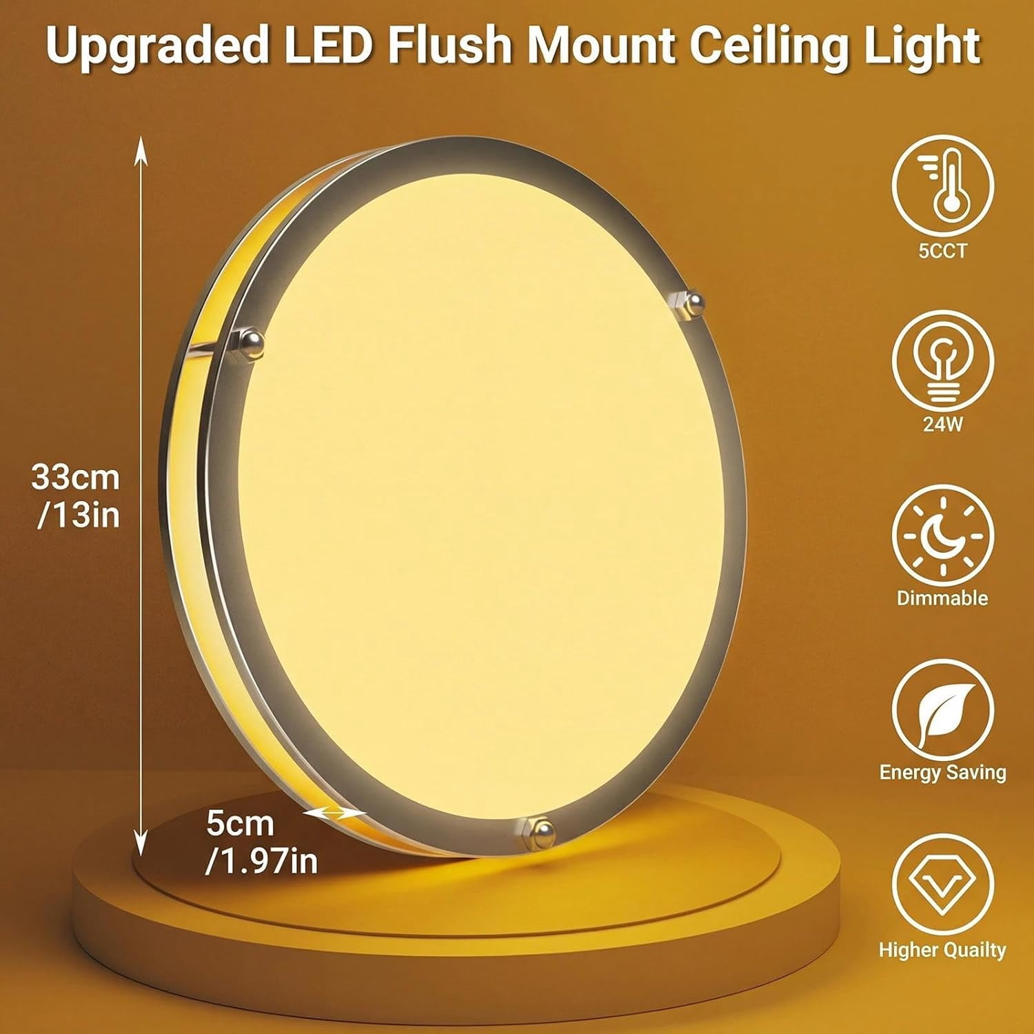 13-Inch Flush Mount Ceiling Lights, Dimmable 3000K-6500K Adjustable LED Ceiling Light, 24W Round Slim Light Fixture, Brushed Nickel for Kitchen, Bedroom, Bathroom, Hallway-1 Pack
