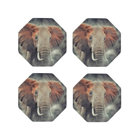 

Junzan Elephant in Smoke Print Coasters for Drinks - Leather Coasters Set of 4 for Coffee Table for Housewarming/Kitchen/Bar/Decor-Octagon