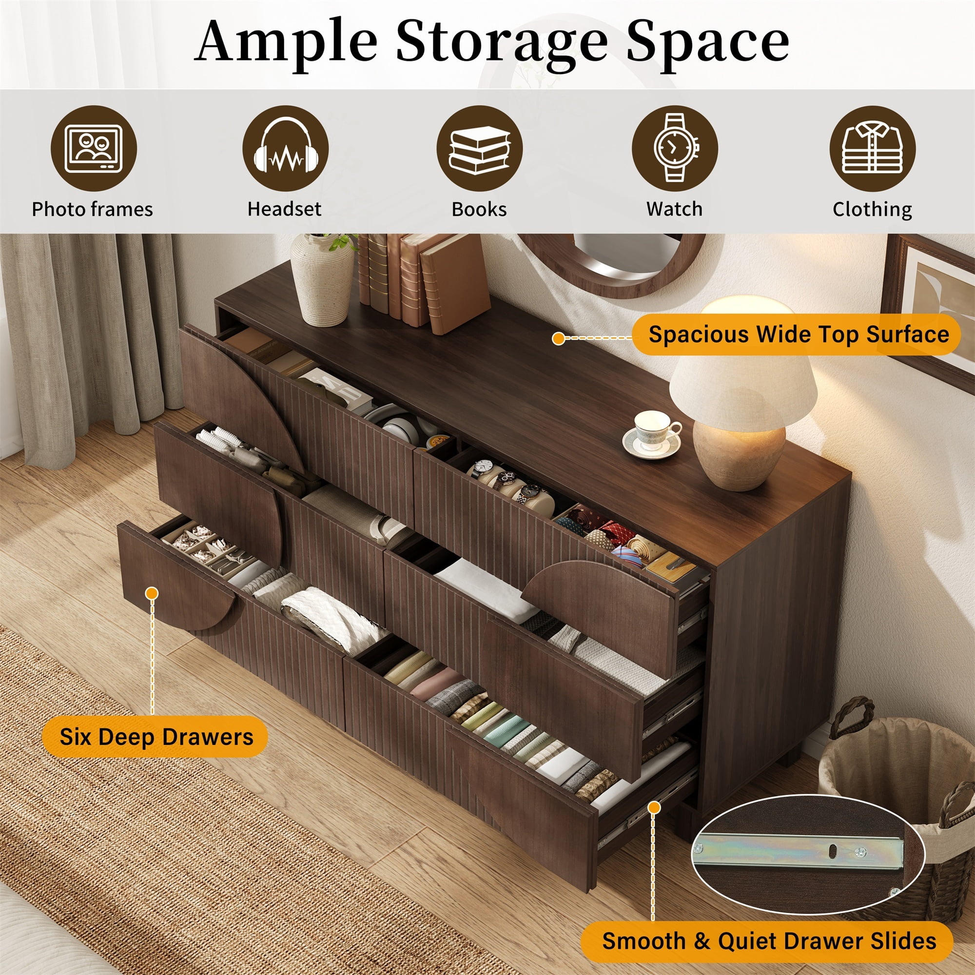 Alvantor 6 Drawer Dresser, 60" Wide Wooden Chest of Drawers with Upgraded Stable Base, Fluted Dresser for Bedroom Dark Brown