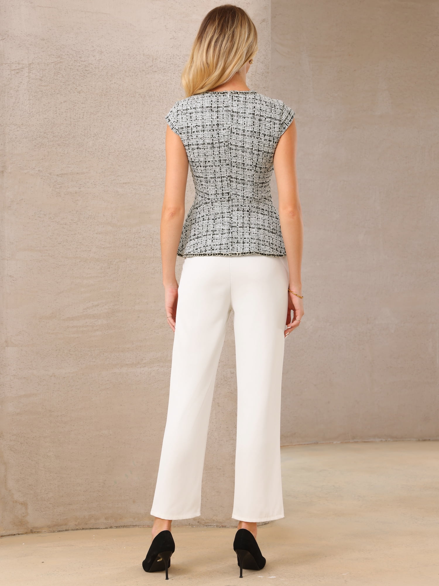DARING DIVA Women's Elegant Tweed Crew Neck Cap Sleeve Peplum Blouse S White