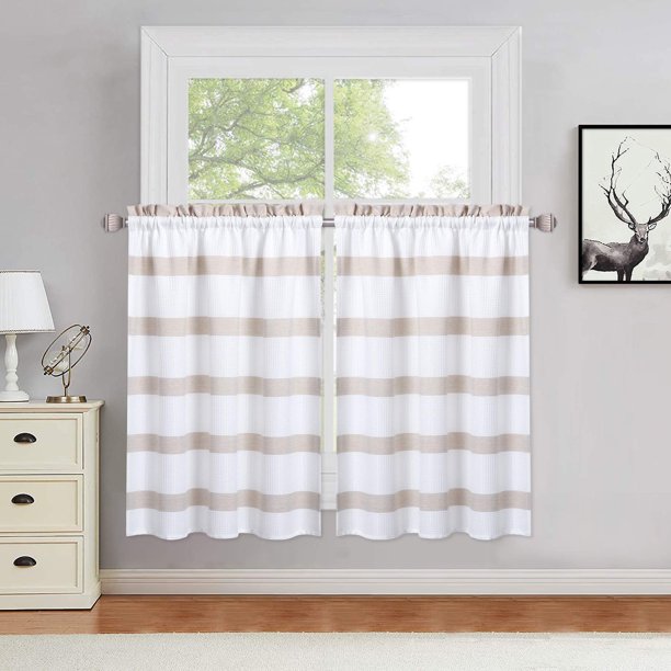 Cenefa para cortina de cocina, gris, con textura de gofre para ventanas, con estampado de rayas teñidas en hilo, para baño, con bolsillo para barra, 152 cm de ancho x 38 cm de largo, un panel
