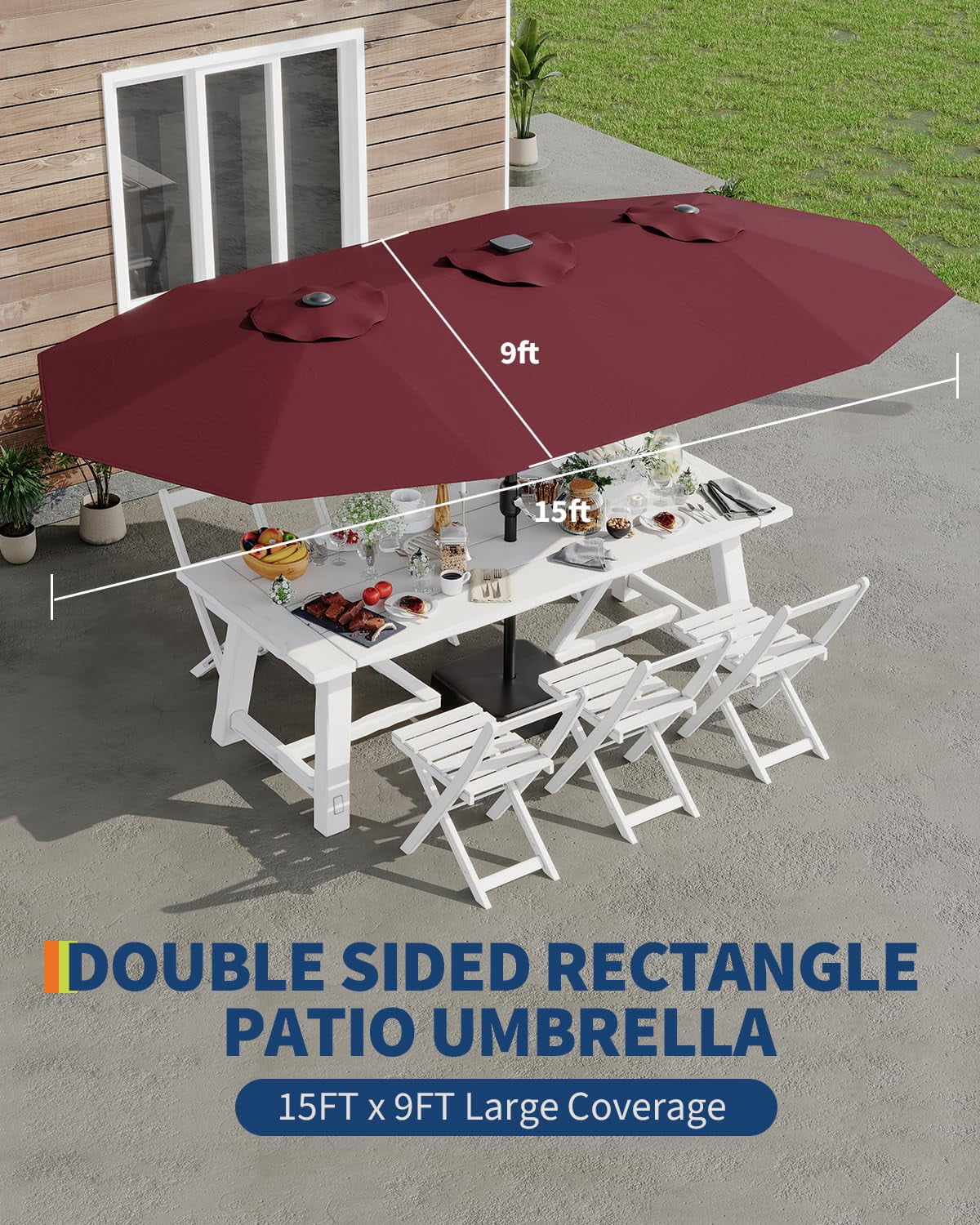 15ft Large Patio Umbrellas with Base,Outdoor Double-Sided Rectangle Market Umbrella,Crank Handle for Easy Opening,Perfect for Pool Lawn Garden,Durable & Stylish Design,UV Protection for Sun Safety