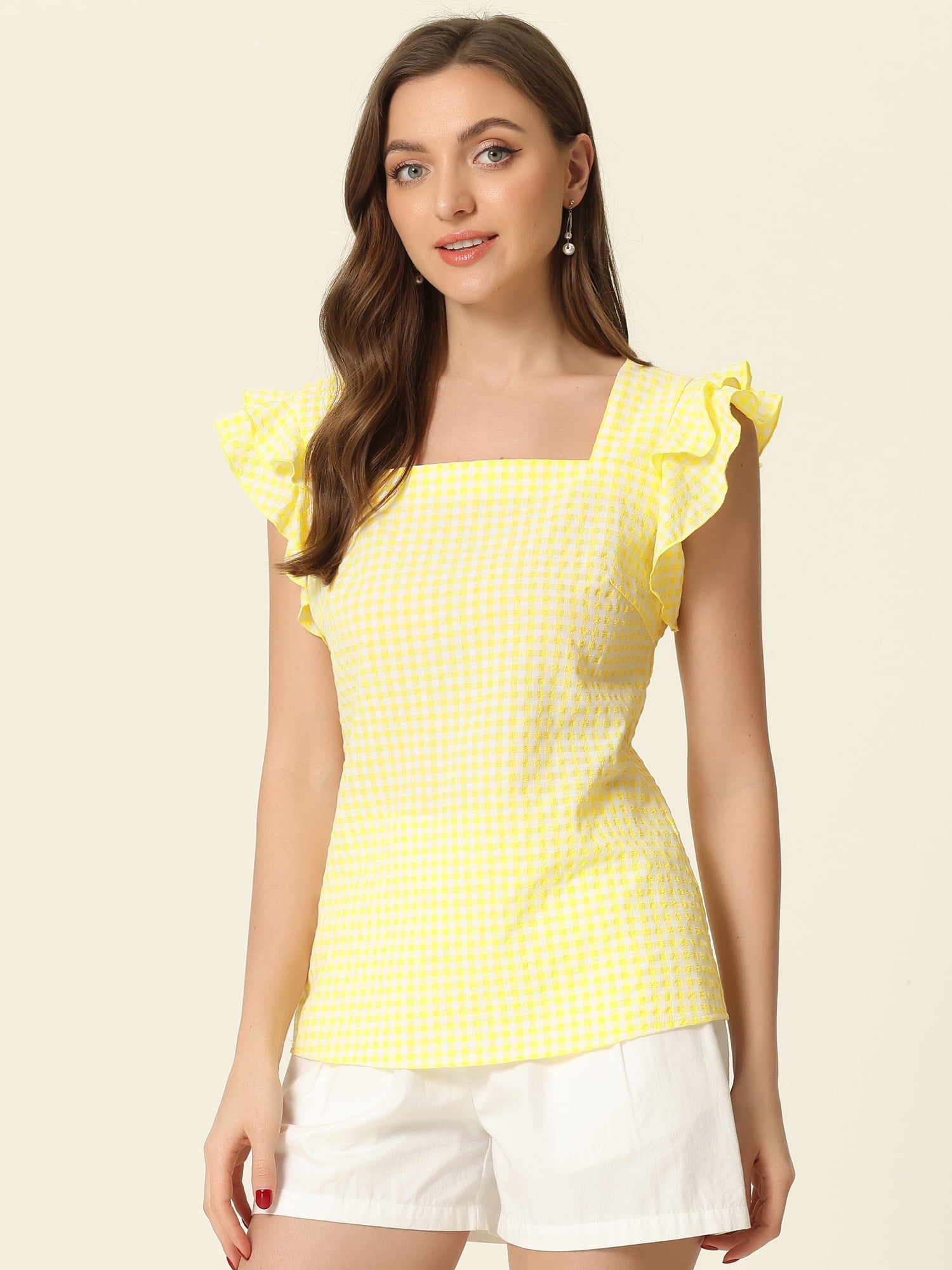 DARING DIVA Square Neck Ruffle Sleeve Blouse XL Yellow