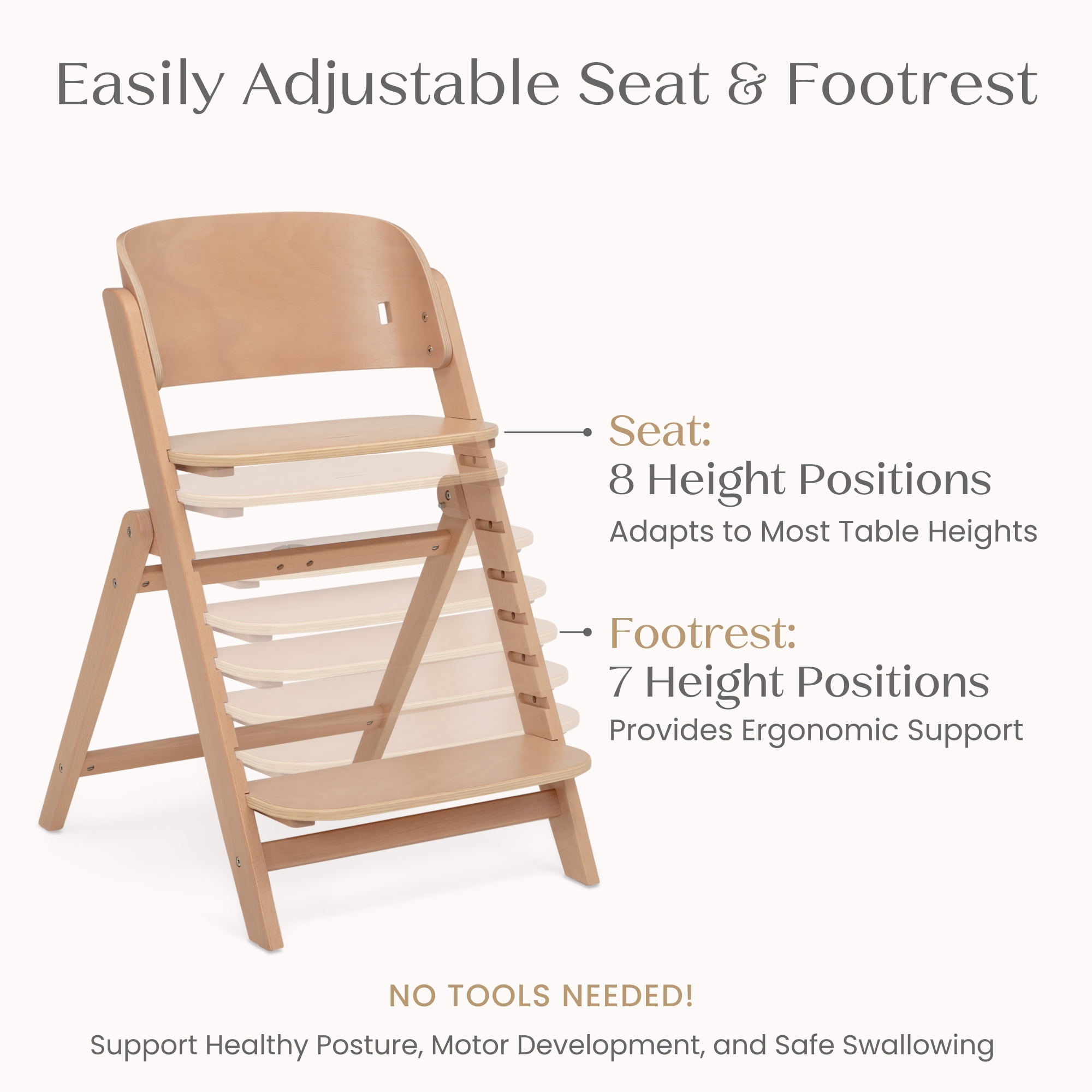 Delta Children Crave 4-in-1 Convertible High Chair – Folds Flat, FSC Certified Beech Wood Frame, Grows from Baby to Adult, Magnetic Buckle & Dishwasher-Safe Tray – Natural