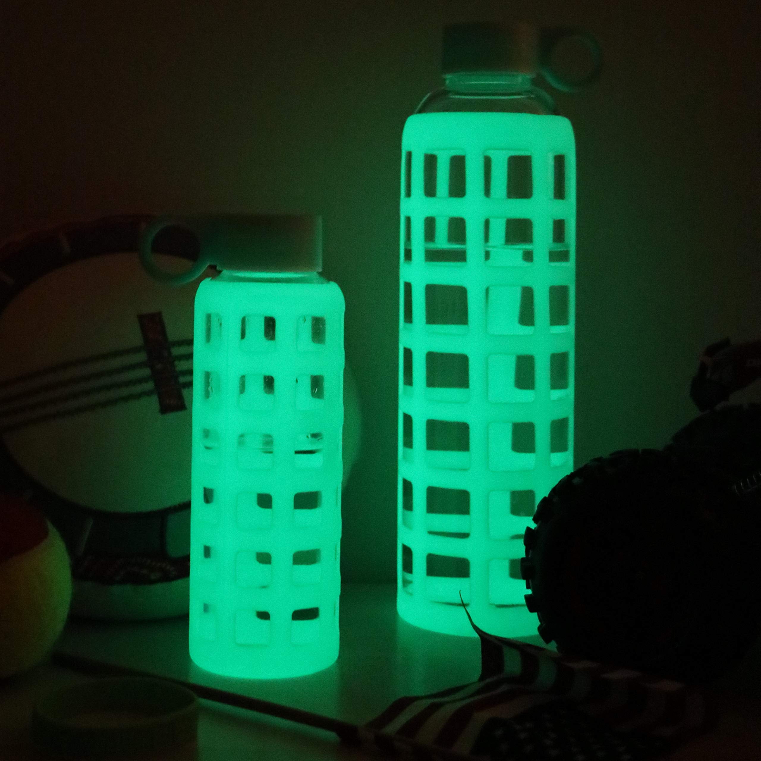 purifyou Glass Water Bottle with Ultra-Soft Silicone Sleeve & Stainless Steel Lid Insert (Set of 2 Glow in The Dark, 32 oz)