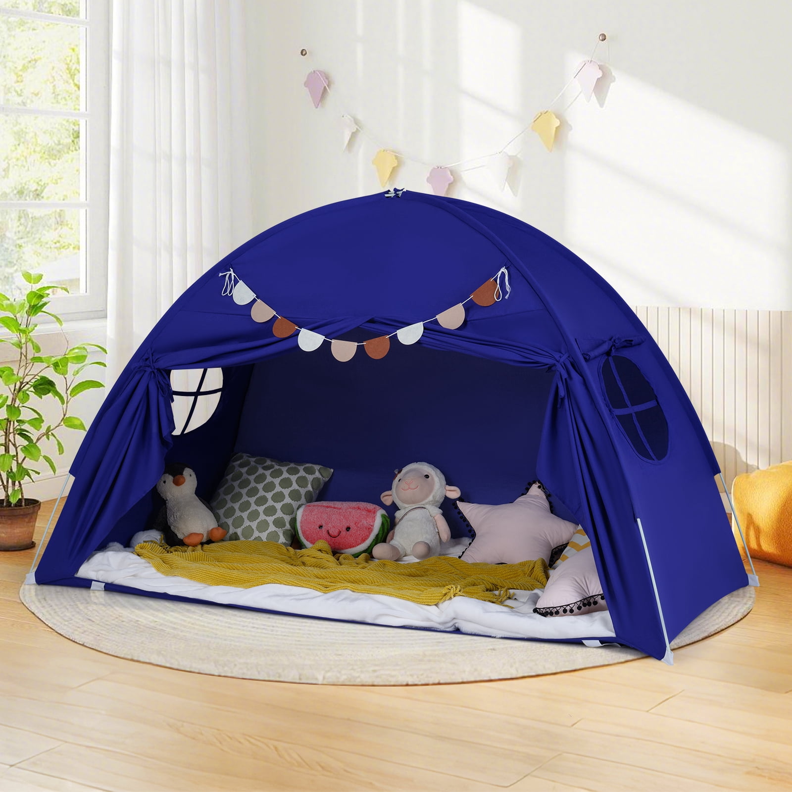 Gymax Twin Full Size Bed Tent w/2 Windows Flags for Boys & Girls Aged 3+ Years Old Navy