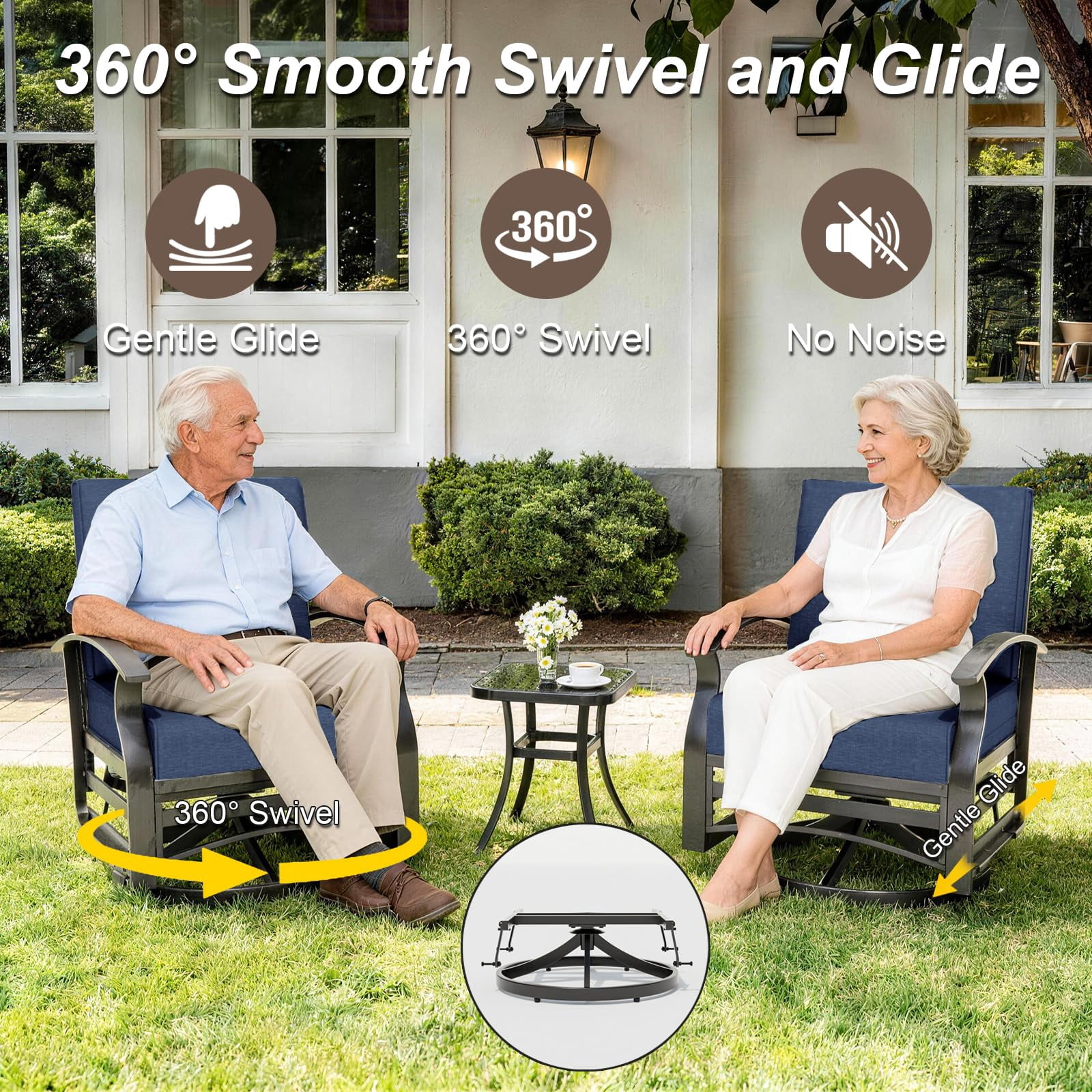 Gotland 3PCS Outdoor Aluminum Swivel Rocking Chairs, 2-Person Patio Furniture Conversation Set with Coffee Table and Cushions, Navy Blue