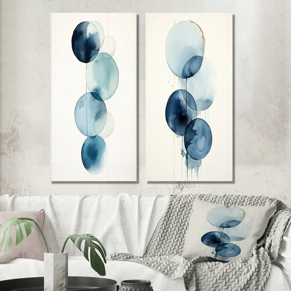 Designart "Watercolor Retro Blue Unity Minimal Orbits" Modern Geometric Wall Art Set Of 2 - Modern Blue Wall Decor Set Of 2