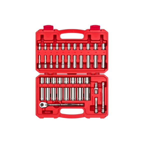 TEKTON 3/8 Inch Drive Shallow and Deep 6-Point Socket and Ratchet Set with Case, 42-Piece (6 - 24 mm) | SKT15201