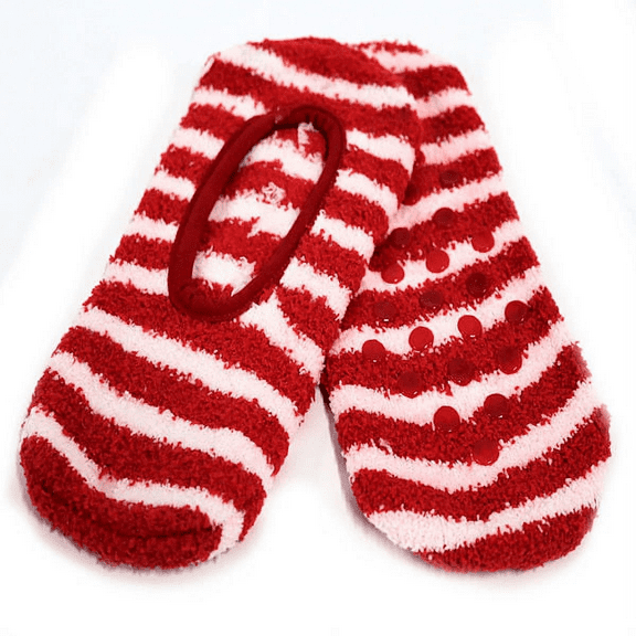 Women's Super Soft Slippers Socks w/ Non-Slip Grips Red and White Stripes, 9-11