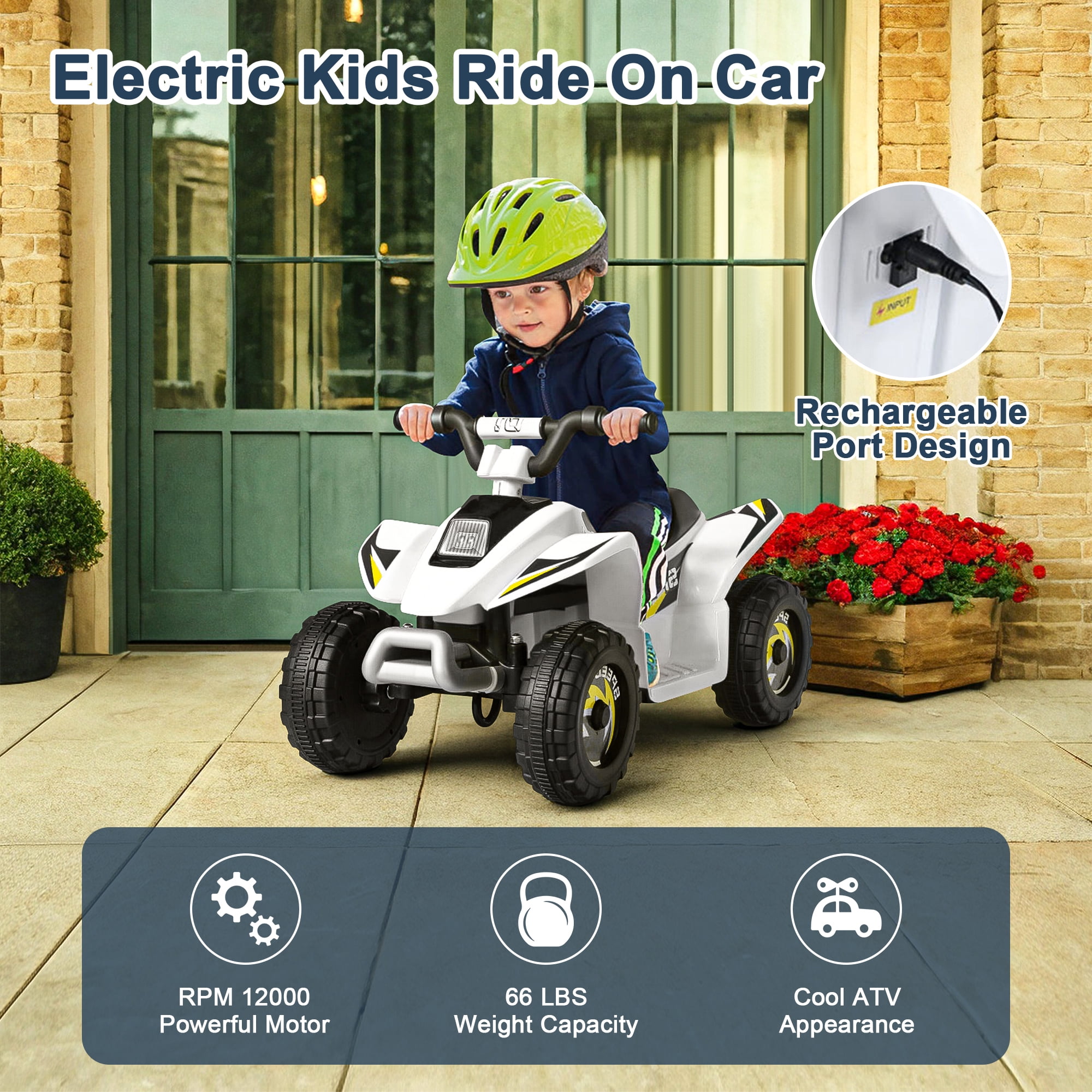 Resenkos 6V Kids Ride On Electric ATV, Ride Car with 4 Wheels, Ride-On Toy for Toddlers 1-3 Boys & Girls(White)