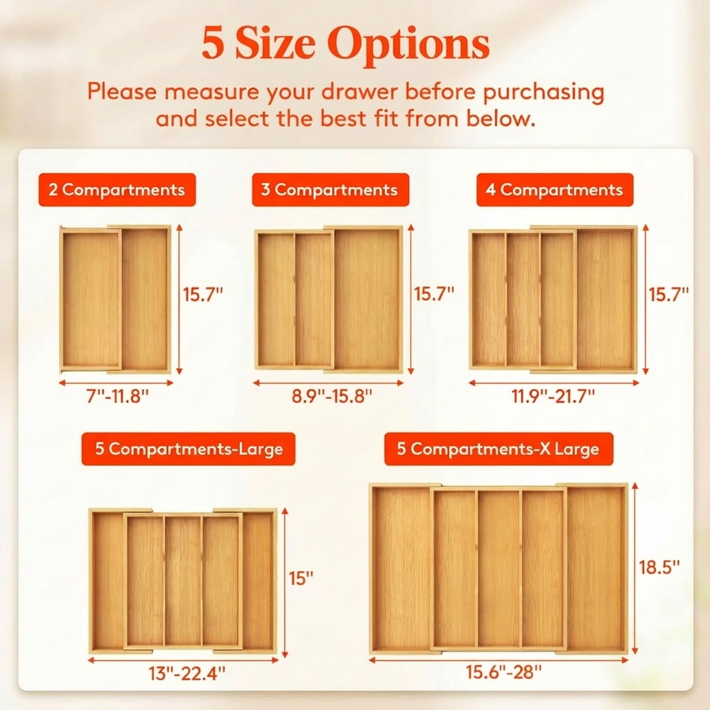 Luncia Expandable Bamboo Utensil Organizer Tray – Adjustable Cutlery & Flatware Holder for Kitchen Drawer, 11.9–21.7 x 15.75"