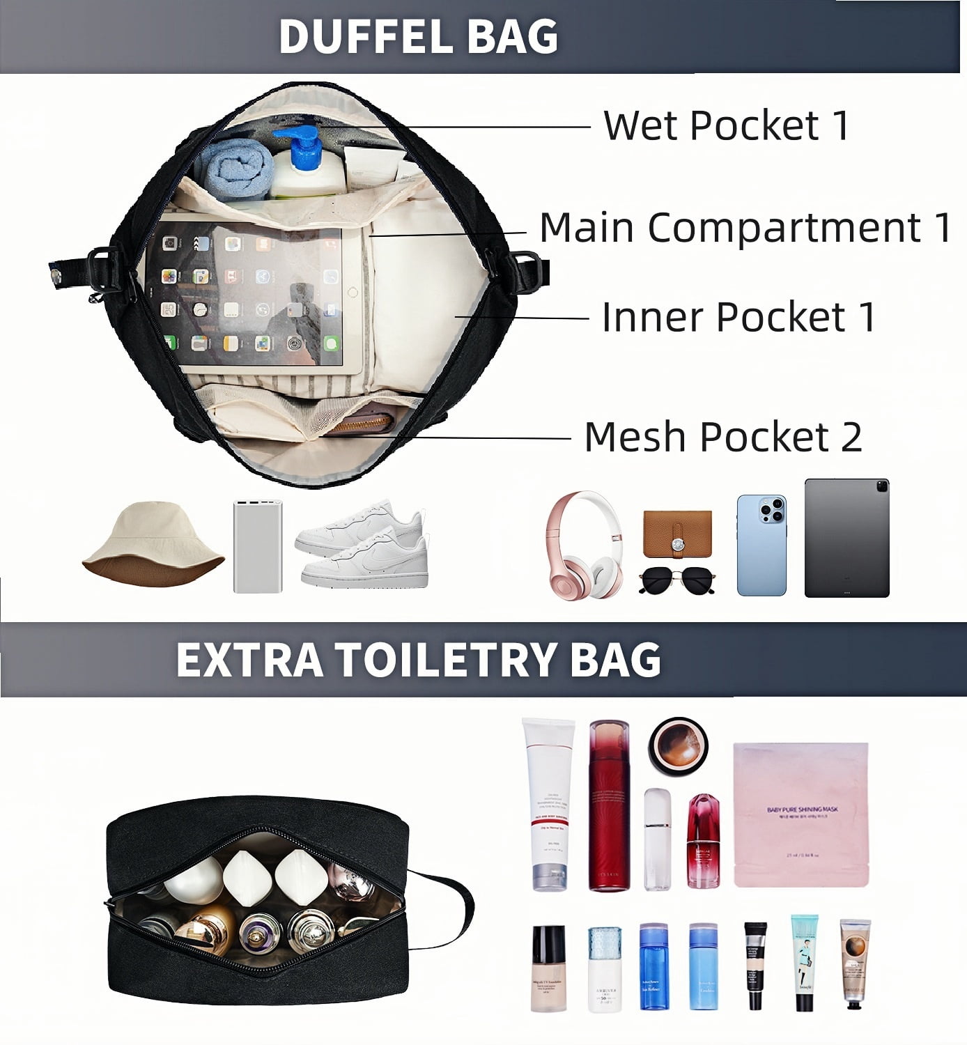 WANDF For Spirit Airlines Travel Bag With Shoe Compartment,18x14x8 Underseat Carry On Bag Weekender Bag with Toiletry Bag,Personal Item Bag With USB Charging Port,Gym Bag With Wet Pocket(Black Bag)