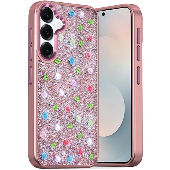 For Samsung s26 Stick-On Embedded Glass Diamonds of Colorful Floral Arrangement HQ Hybrid Case - Rose Gold