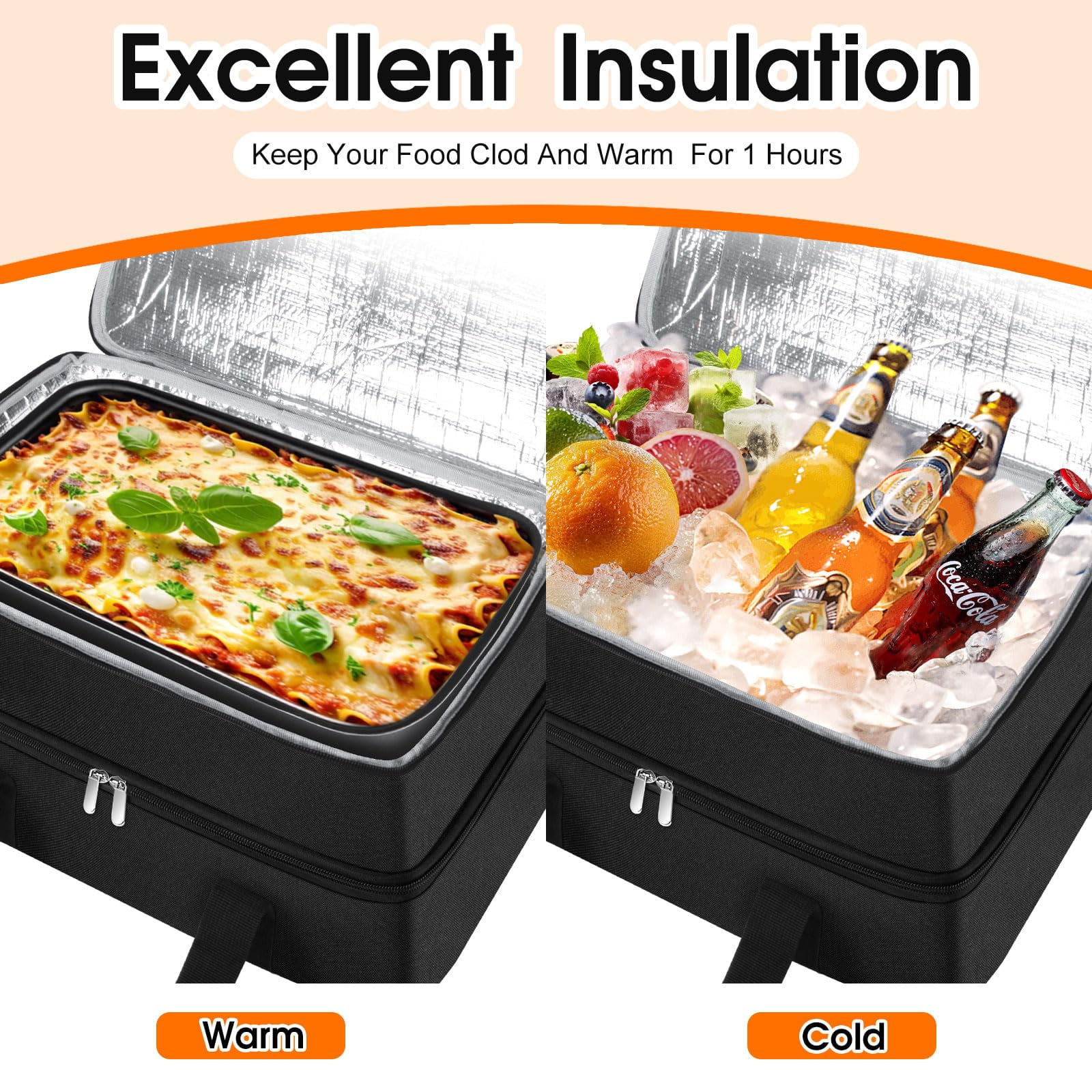 Double Insulated Casserole Carrier - Portable Hot & Cold Food Lunch Tote, Lasagna Carrier for Potluck Parties, Fits 9" x 13" Baking Dish, Black