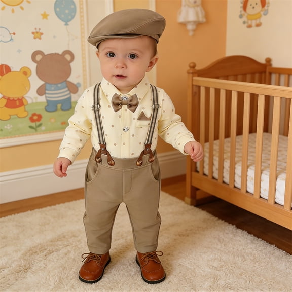 RTKFRFLM Baby Boy Formal Outfit British Style Suspender Romper Long Sleeve Gentleman Set for First Birthday Photoshoot