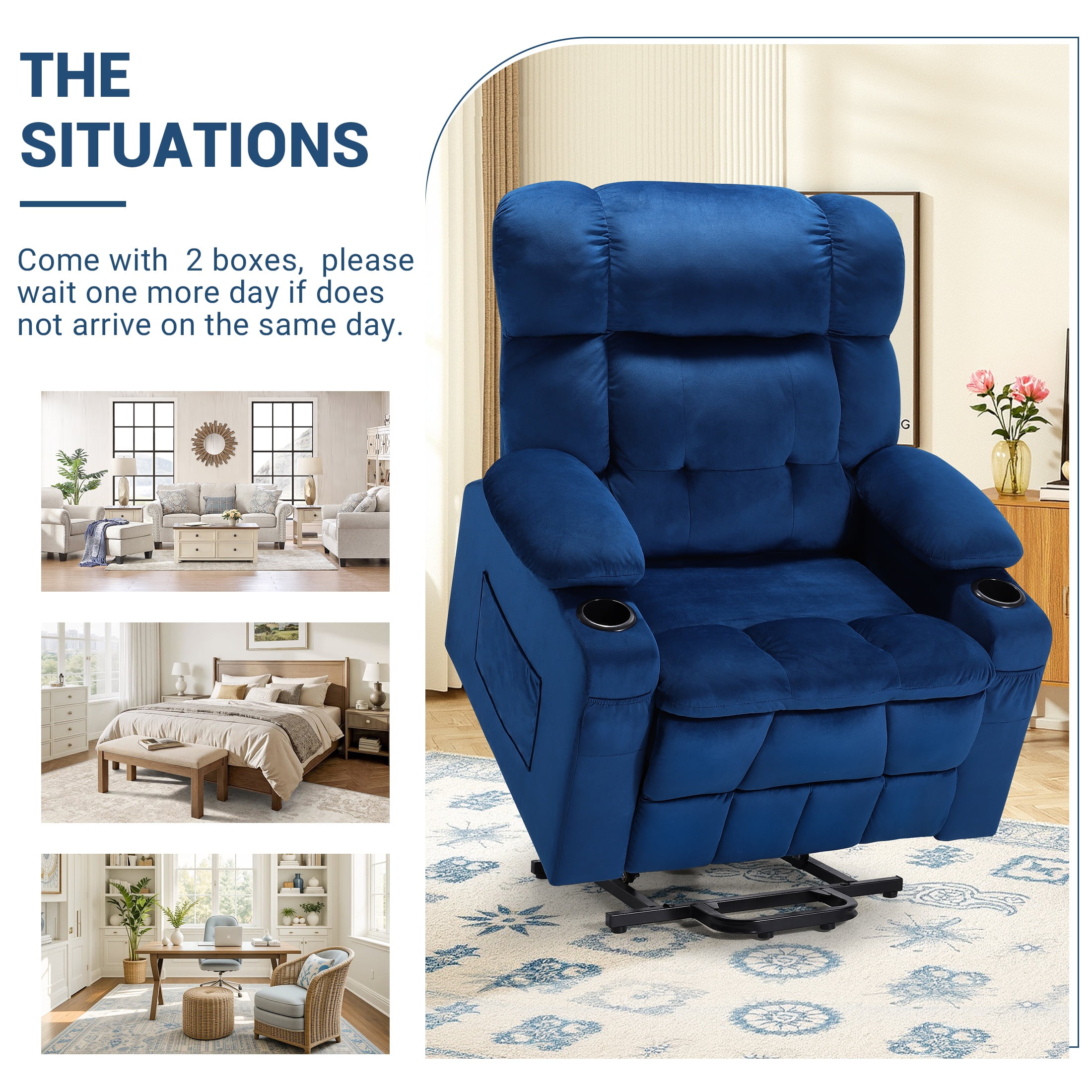 PAPROOS Large Power Lift Recliner Chair with Massage and Heat for Elderly Big and Tall People, Overstuffed Wide Recliners with 2 Cup Holders, Side Pocket for Living Room, Single Sofa, Blue