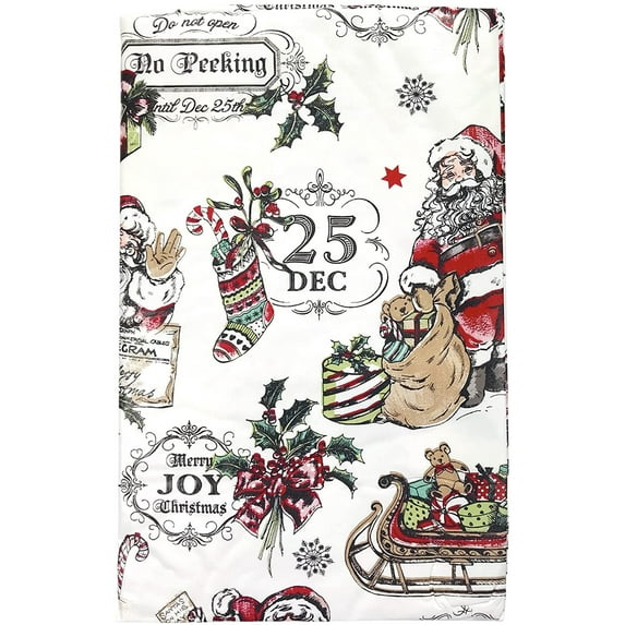 Holiday Christmas Vinyl Flannel Backed Tablecloth: Old Fashion Santa Sketch with a Splash of Traditional Red Green Color on White (60" Inch Diameter, Multi)