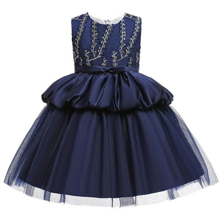 

TAGOLD Toddler Girls Solid Color Leaf Embroidery Net Yarn Bowknot Birthday Party Flowers Gown Kids Dresses Navy 4-5 Years