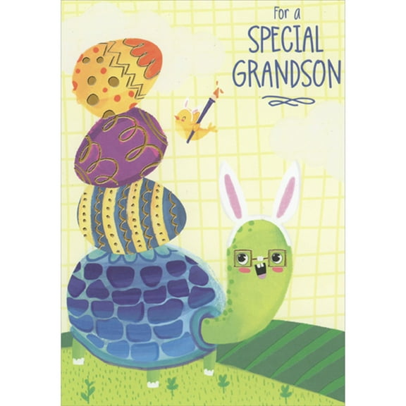 Designer Greetings Turtle Wearing Square Framed Glasses While Balancing 3 Eggs on Shell Juvenile Easter Card for Young Grandson