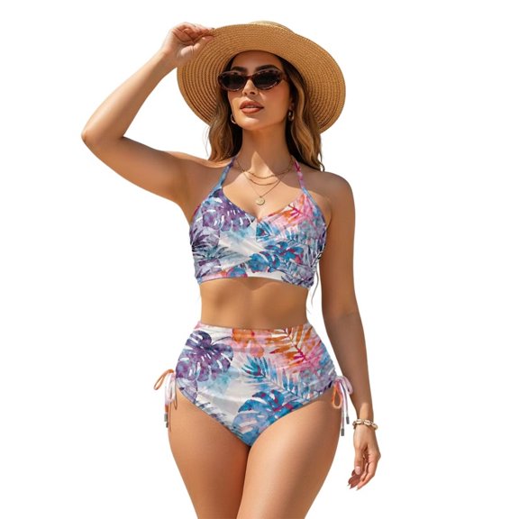 Garronmavis Bikini Sets For Women High Waisted Twist Front Swimsuits Tummy Control Crisscross Tie Back Bathing Suits Tropical Print 2 Piece Modest Swimwear for Summer Beach