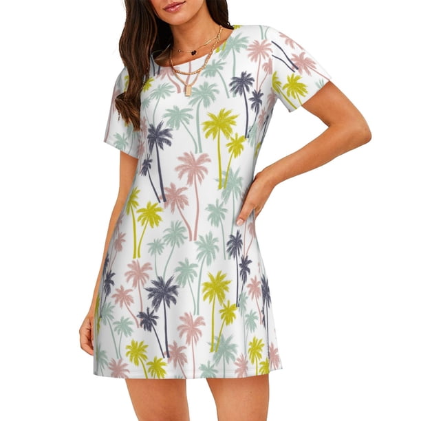 Balery Hawaiian Coconut Tree Camisón de manga corta con cuello redondo para mujer, cómodo y elegante.