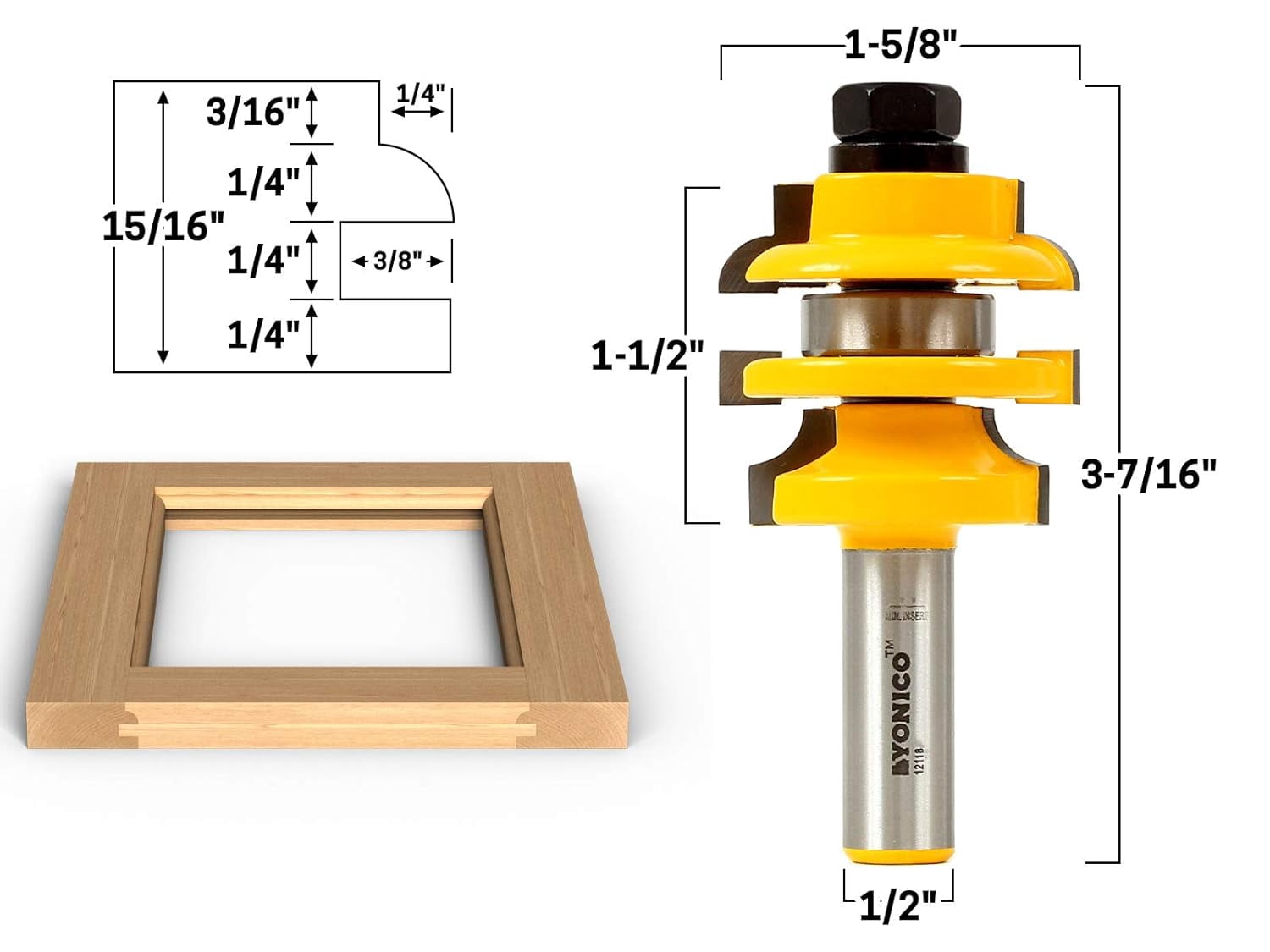 Roundover Stacked Rail and Stile Router Bit - 1/2" Shank - Yonico 12118