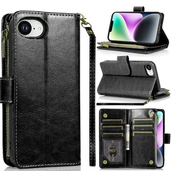 TJS for iPhone 16e Phone Case, Luxury Wallet Card ID Zipper Money Holder Cover (Black)