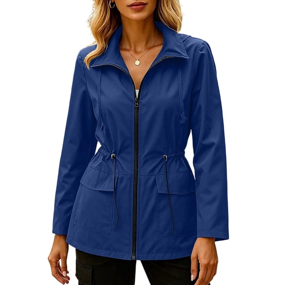 TEAJOPSUU Women's Zip Up Jackets with Flap Pockets Waterproof Collared Drawstring Waist Long Sleeve Jackets Outdoor Casual Hiking Daily Coats Blue