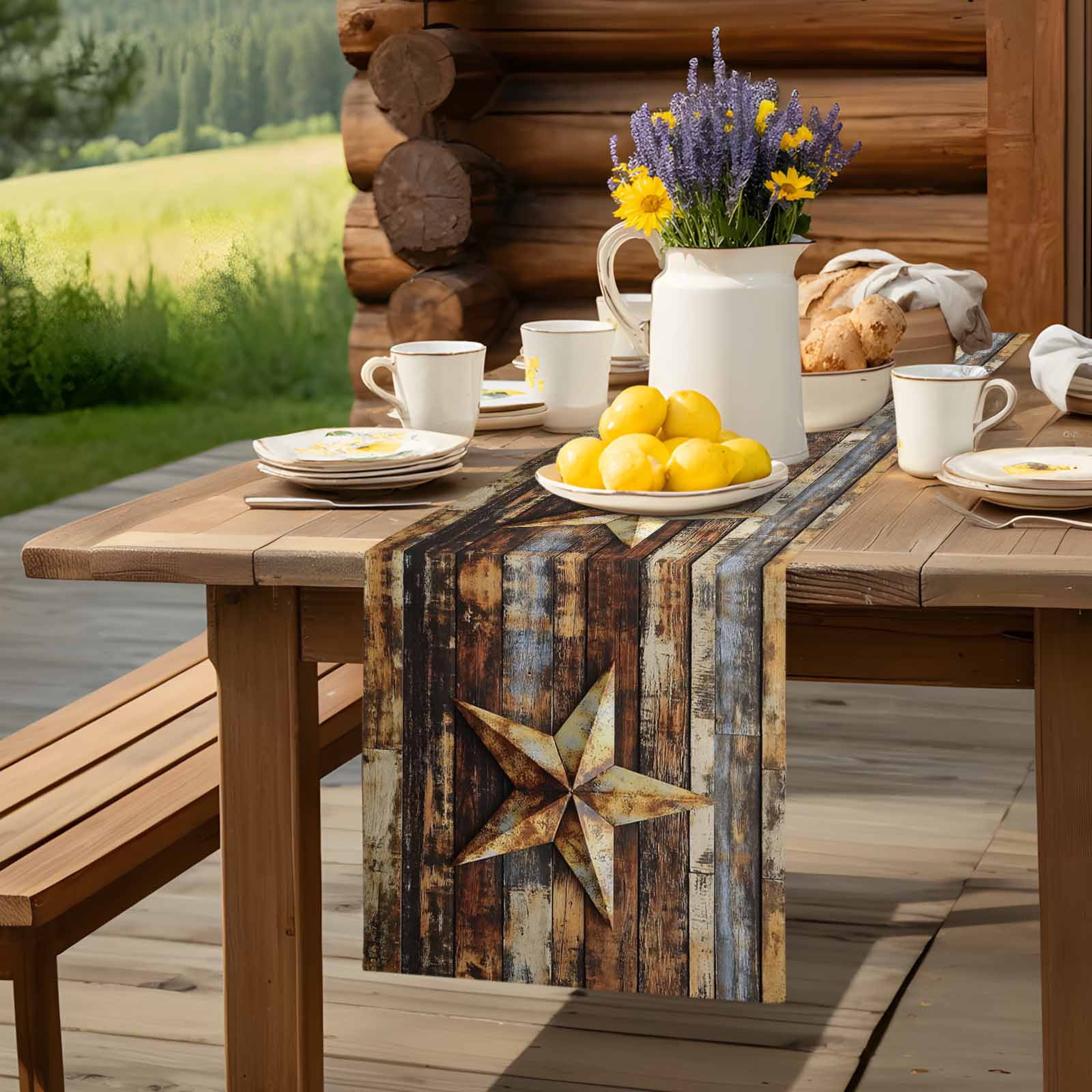 Vintage Texas Star Wood Grain Table Runner 90 Inches Long, Farmhouse Barn Board Table Runners Tabletop Scarf Kitchen Dining Tables Decoration for Home Party Indoor Outdoor