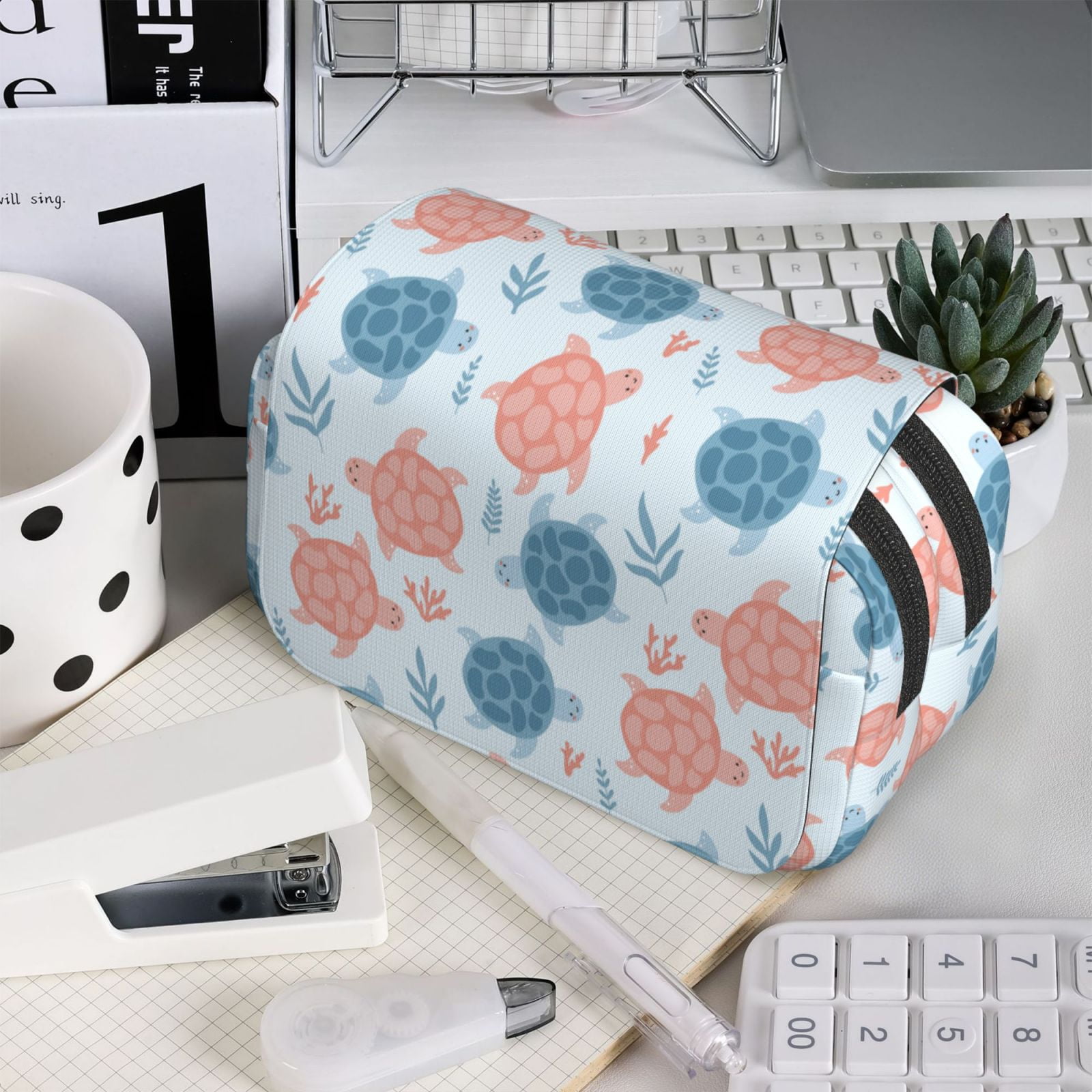 Rateoe Sea Turtle Pattern Double Clamshell Pen Case, Storage Organizer with Two Zipper Compartments– Holds Up to 50 Pencils & Pens