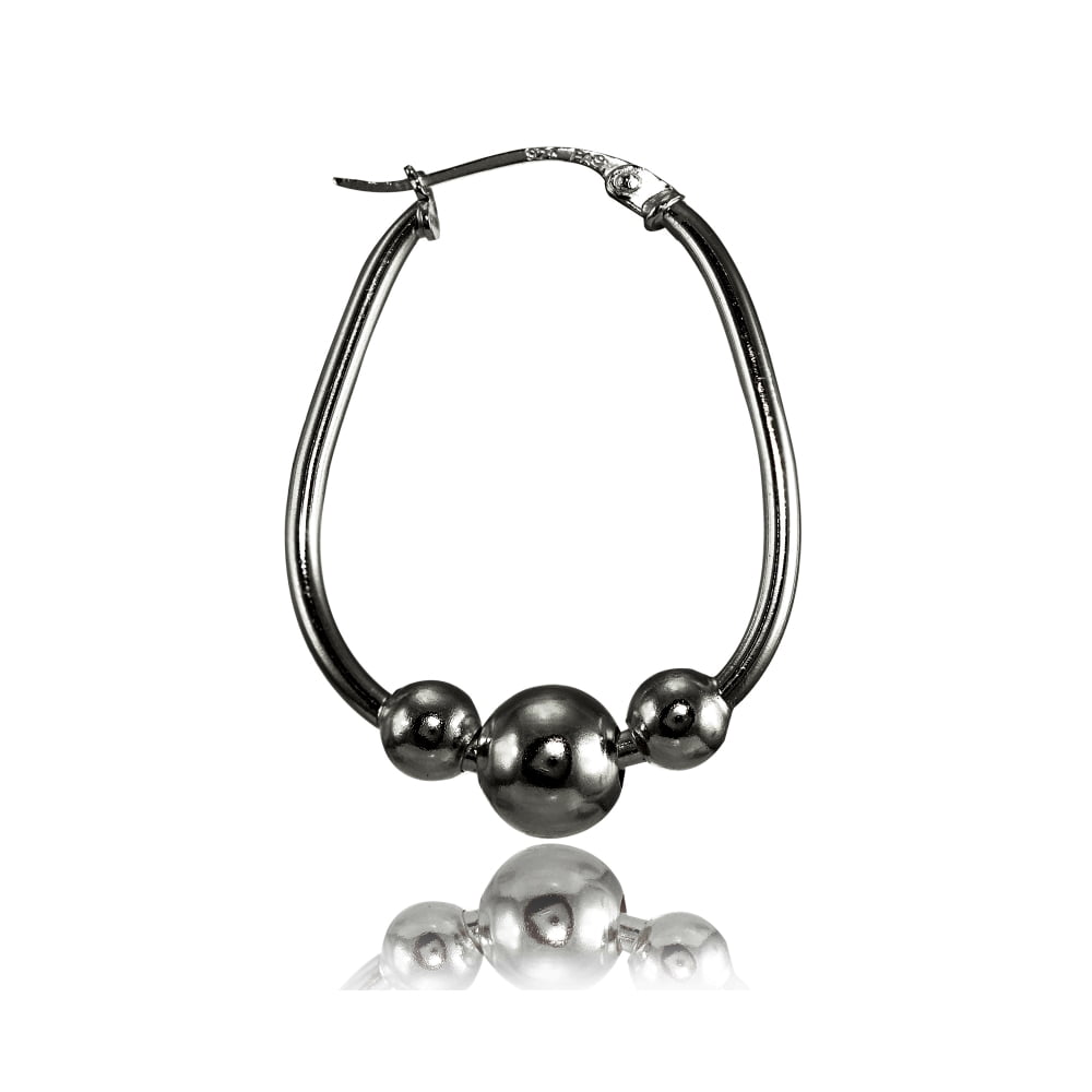 25mm Black Flashed Sterling Silver Polished Beaded Hoop Earrings