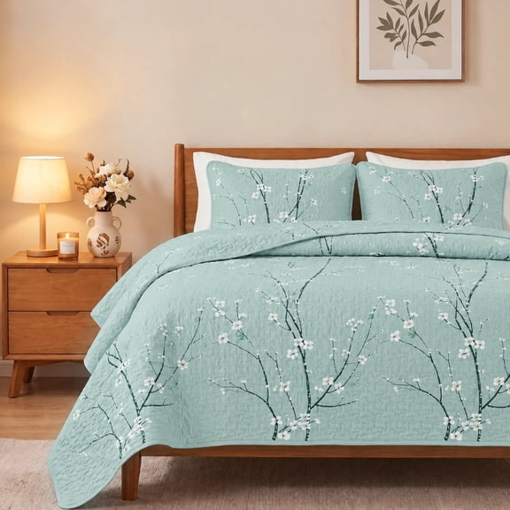 2/3-Piece Winter Plum Blossom Pattern Quilted Bedding Set, Fall Winter Bedspread/Coverlet For Bedroom(Green,Twin)