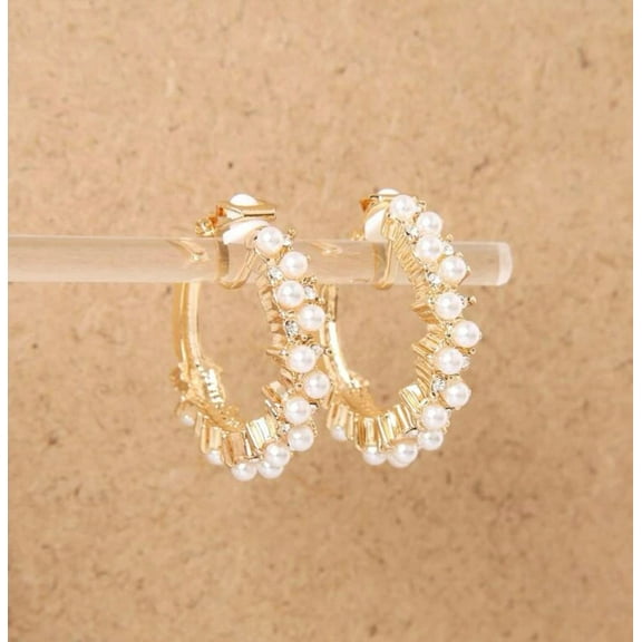 Clip on 1 1/4" gold and pearl cluster hoop earrings with clear stones