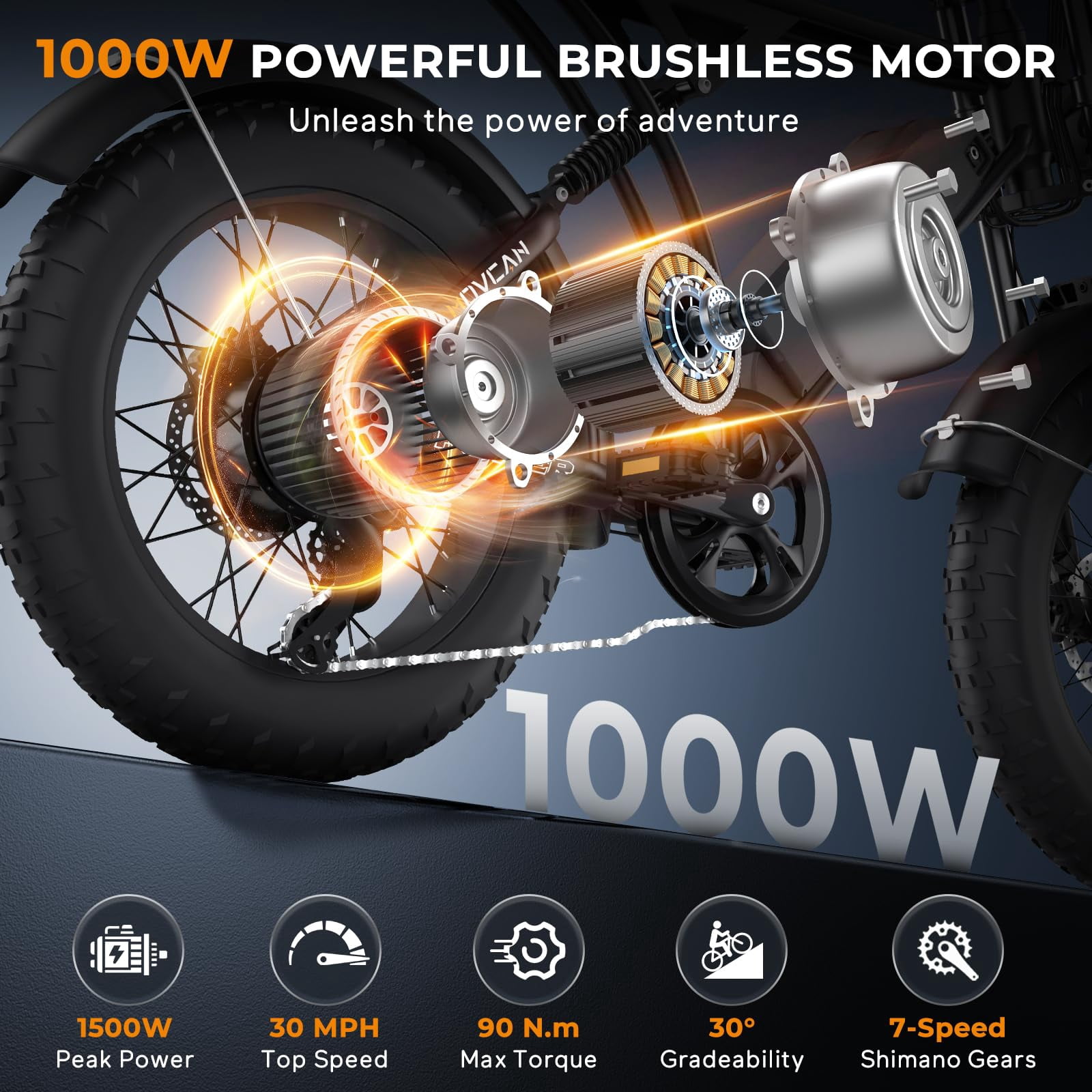 Movcan V60 Electric Bike for Adults,1000W Electric Mountain Bike,48V 15.6Ah Removable Battery,30 MPH 7 Speed Dirt Brake 20" Fat Tire Electric Bicycle,UL2849