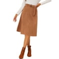 thumbnail image 4 of MODA NOVA Juniors Casual Stretchy Faux Suede Pockets A-Line Midi Skirt with Belt Caramel XS, 4 of 6