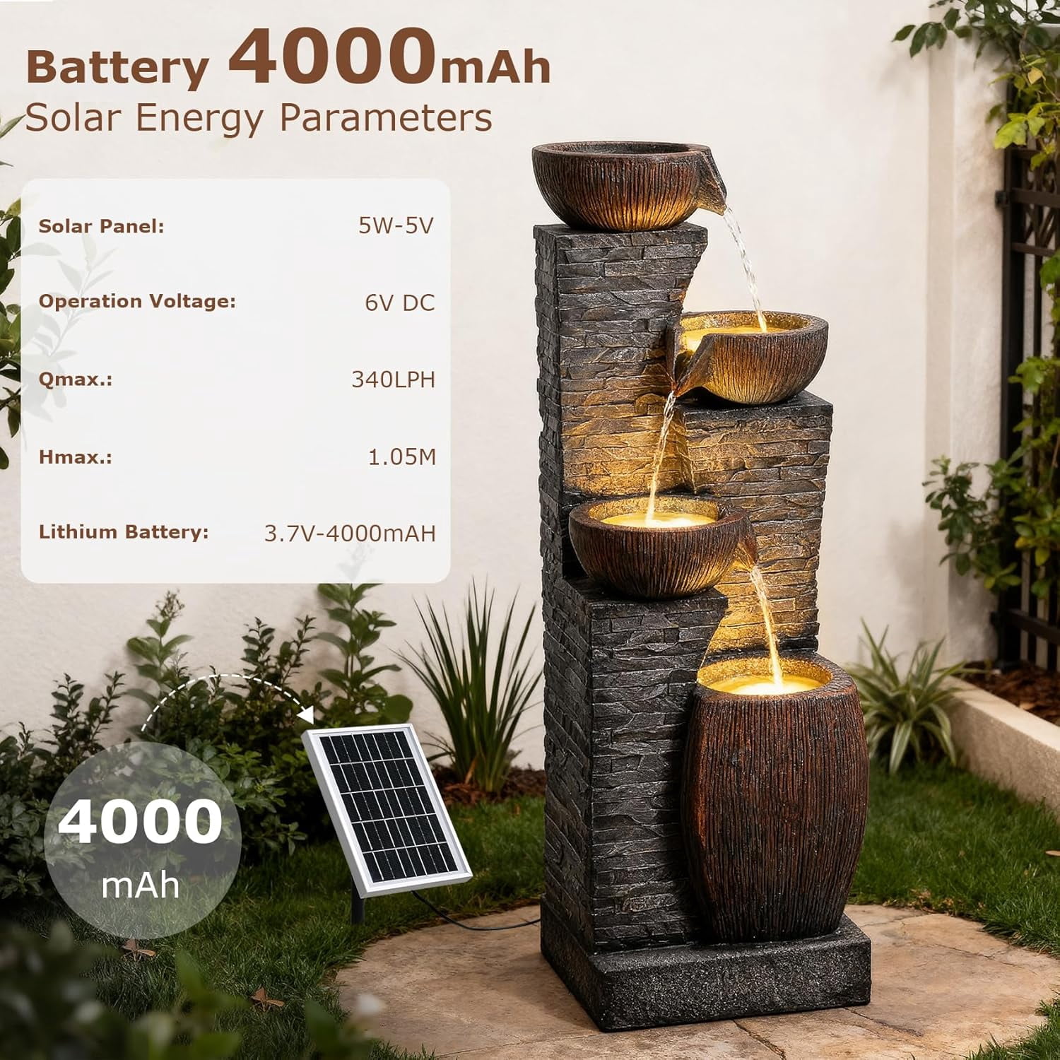 38.2" Tall Solar Water Fountain Outdoor Garden,4 Tiers Modern Cascading Bowls and Stacked Stones Solar Powered Fountains with LED Lights for Garden, Patio, Deck, Porch, Backyard, Lawns