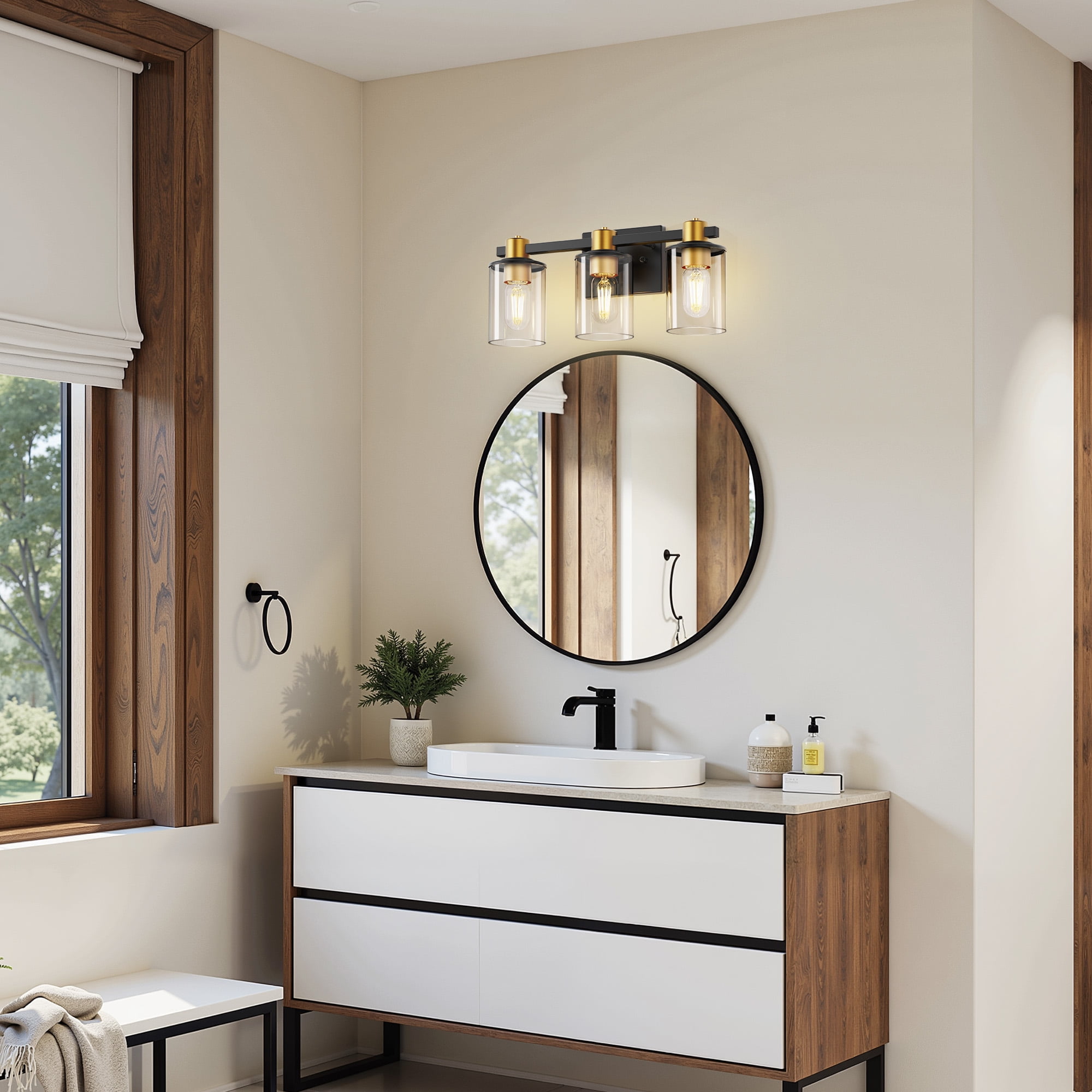 YANSUN 24.4 in 3-Light Black Gold Bathroom Vanity Lighting, Modern Fixture with Clear Glass Shades for Mirror, Vanity Lights for Bathroom Hallway Bedroom
