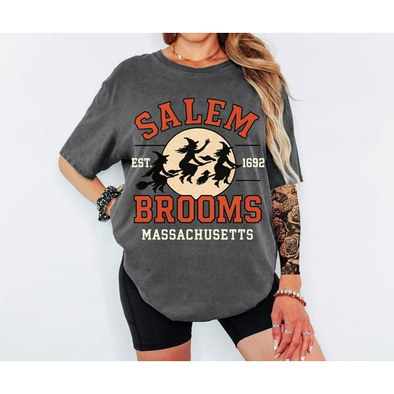 Salem Witch Broom T-Shirt, Vintage Halloween Tee with Spooky Massachusetts Design, Fall Shirt for Women, Retro Witchy October Outfit