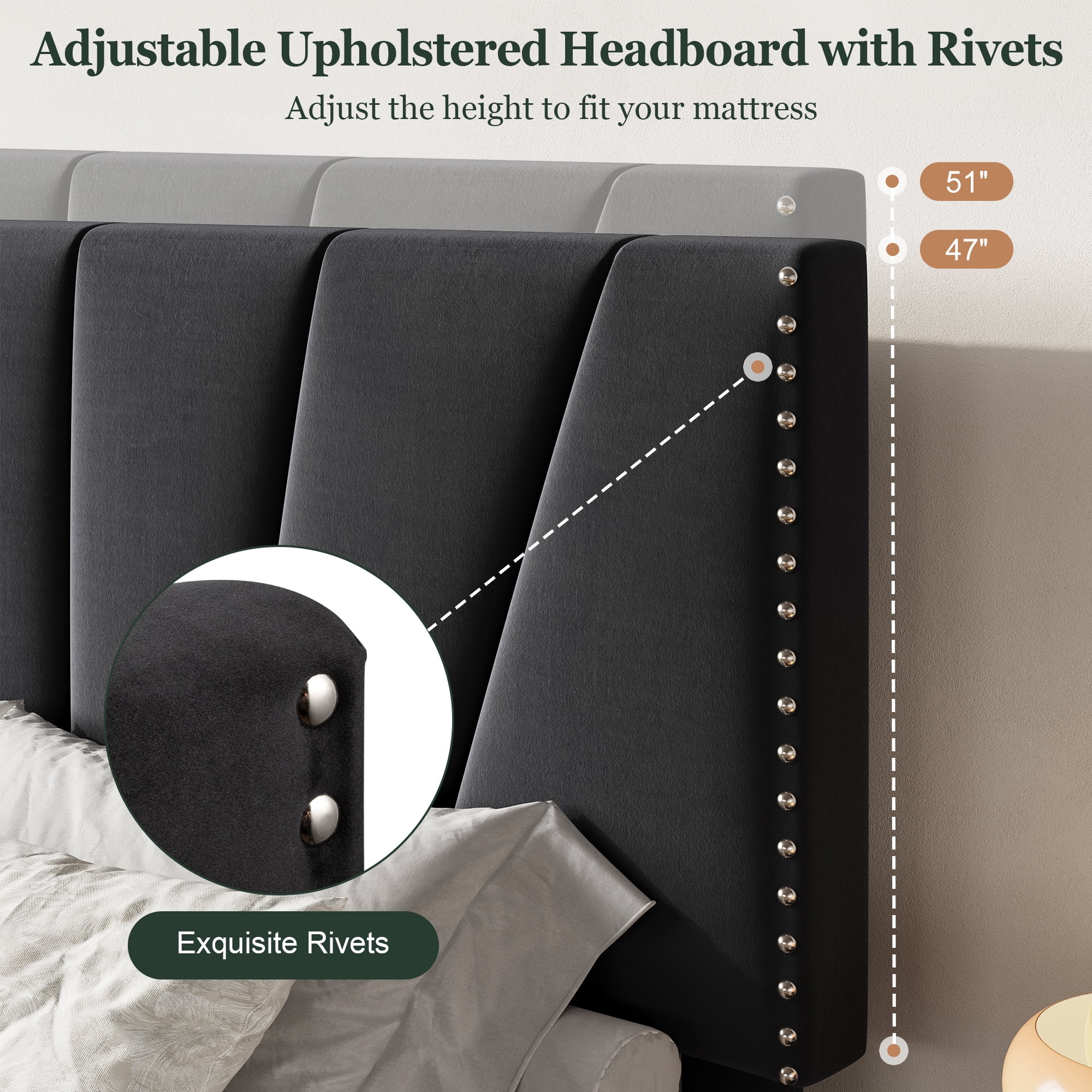 Amolife Queen Size Platform Bed Frame with Adjustable Velvet Upholstered Headboard, Black