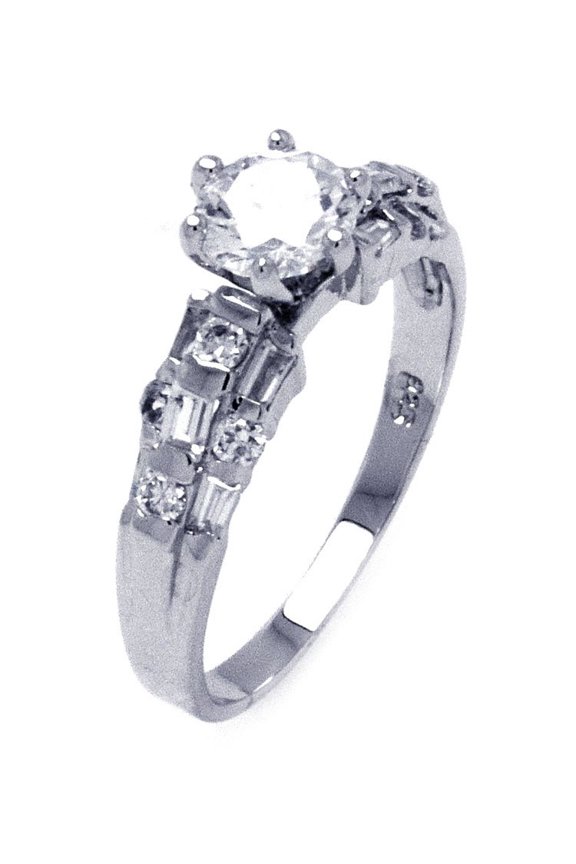 Clear Prong Set Cubic Zirconia Bar Set Designer Sides Ring Rhodium Plated Sterling Silver Size 6