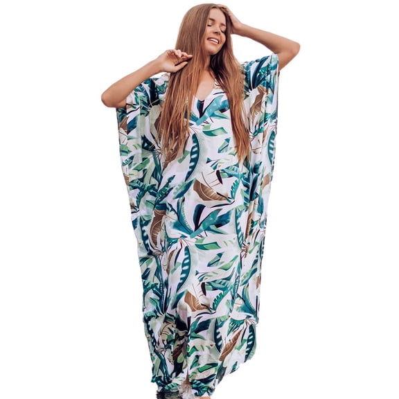 EDOLYNSA 2024 Quick-Drying Bohemian Women Summer Beach Dress Swim Wear Cover Up Tunic Sexy Deep Kaftan Beach Bikini Cover-Ups Pareo