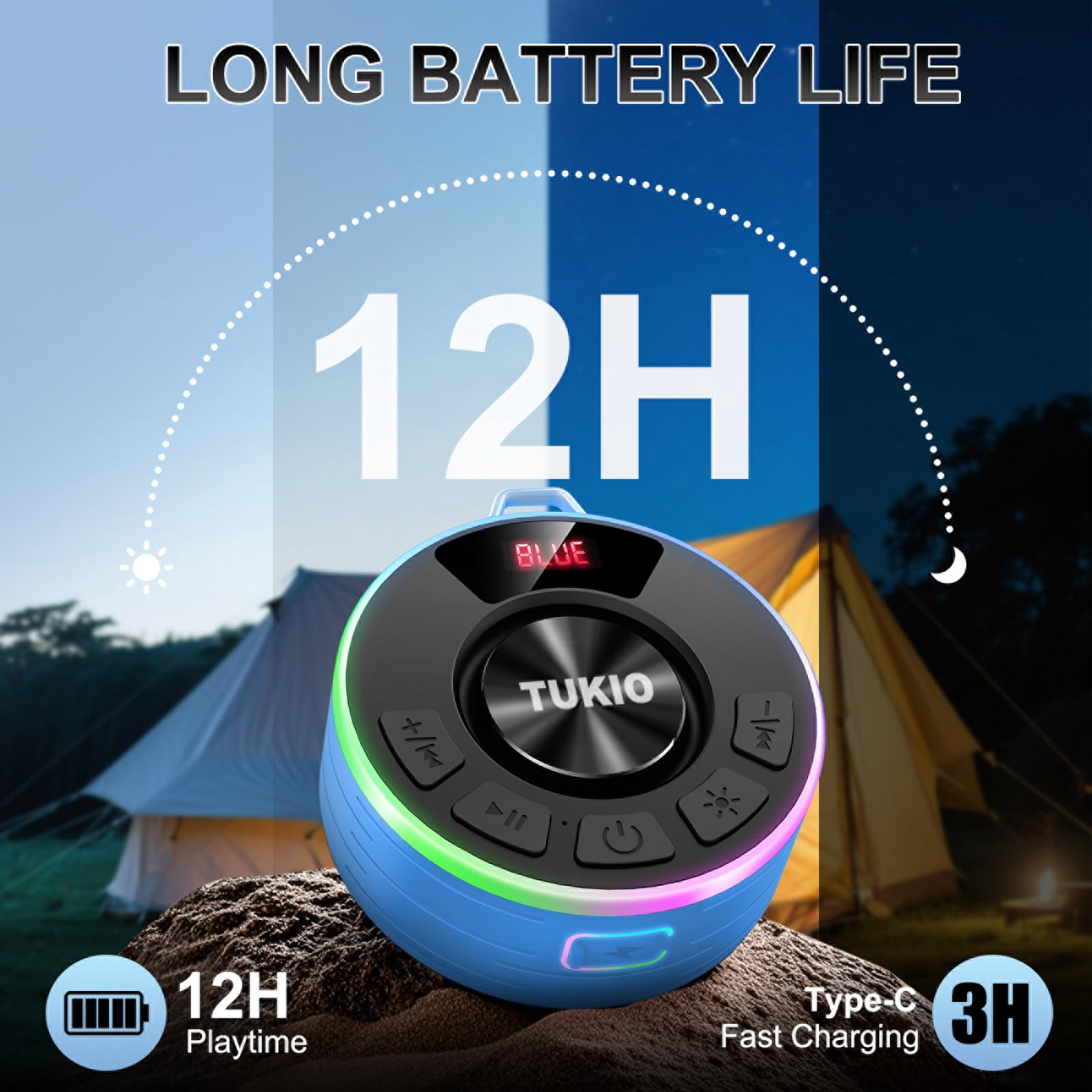 Tukio Bluetooth Speaker, IPX7 Waterproof Shower Speaker with Suction Cup, Mini Portable Speaker, 12H Playtime, Bluetooth 5.4, 360° Sound, RGB LED, Hands-Free Calls, Outdoor Pool Beach Gifts, Blue