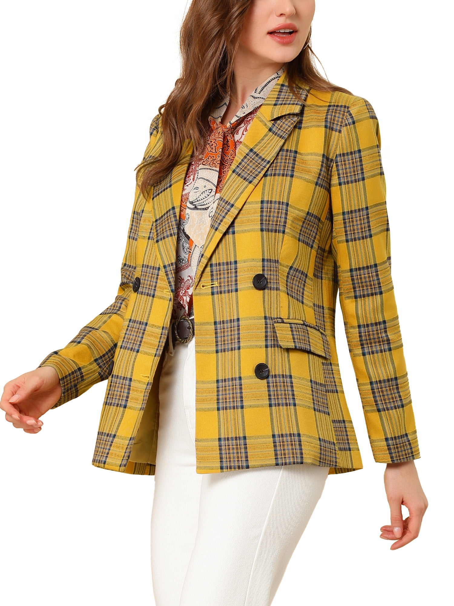 DARING DIVA Women's Plaid Notched Lapel Blazer Jacket M Yellow