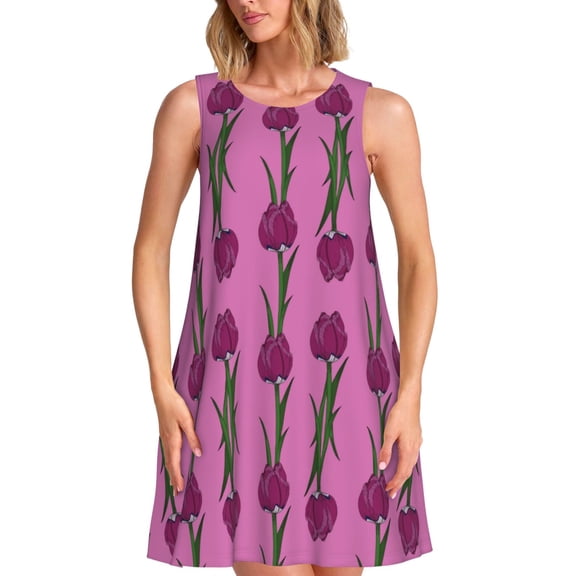 Xecao Tulips Flowers for Summer Dresses for Women Casual Sundresses Beach Cover Ups Sleeveless Tshirt Swing Dress with Pockets